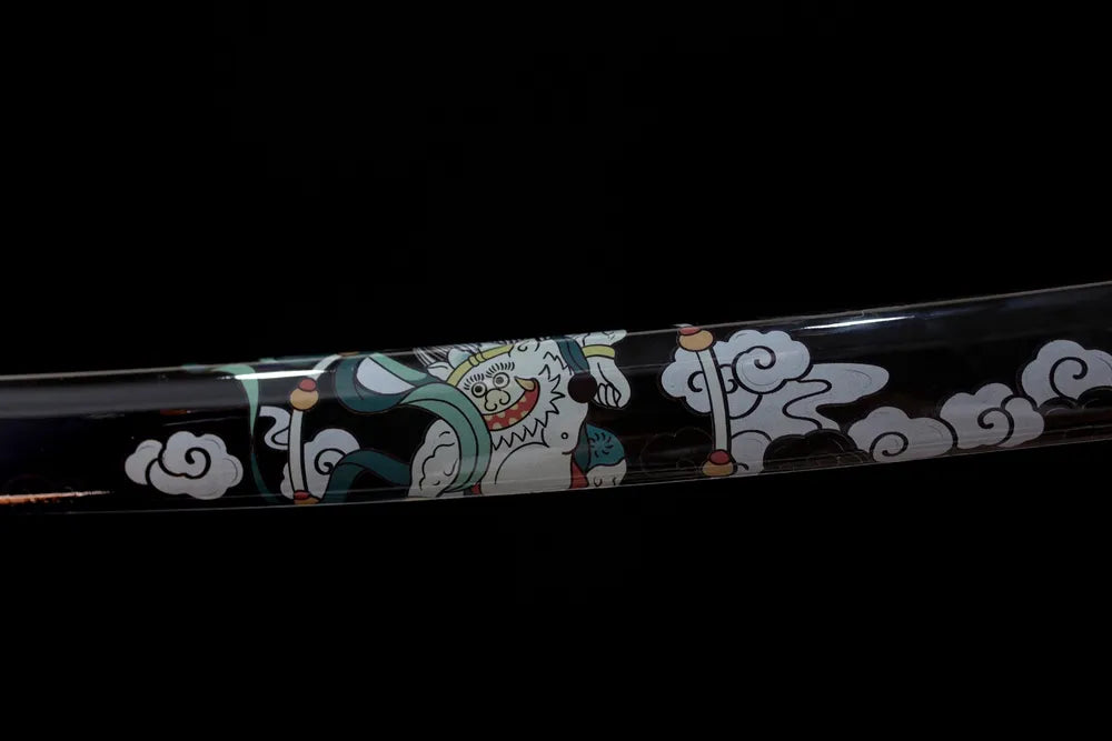 Mid‑section glossy‑black lacquer hardwood katana saya hand‑painted raijin‑fujin shinto‑deity graphic texture close‑up