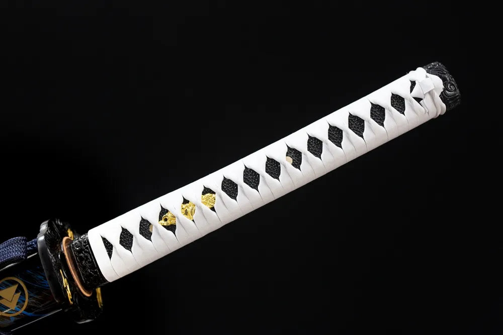 Full white woven cotton ito tsuka cloud‑pattern black‑gold aged‑alloy fittings complete front shot long katana