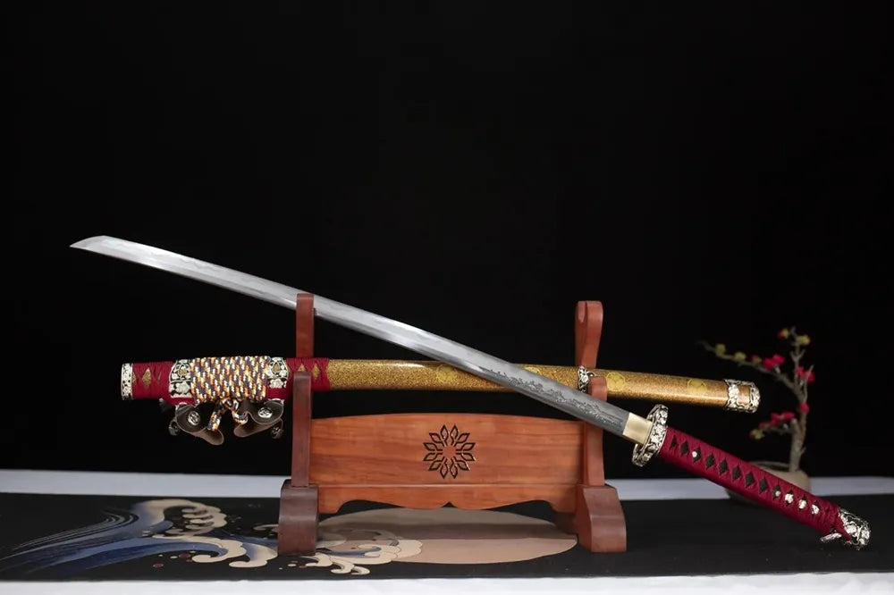 45‑angle open full‑size Perseverance‑Tachi perseverance samurai‑spirit‑motif japanese tachi sword two‑layer wooden stand front view