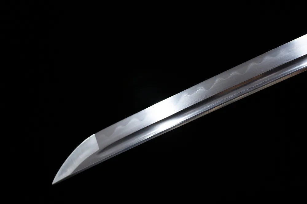 Classic functional katana‑style kissaki tip of Plain‑Shirasaya‑Katana blade close‑up view