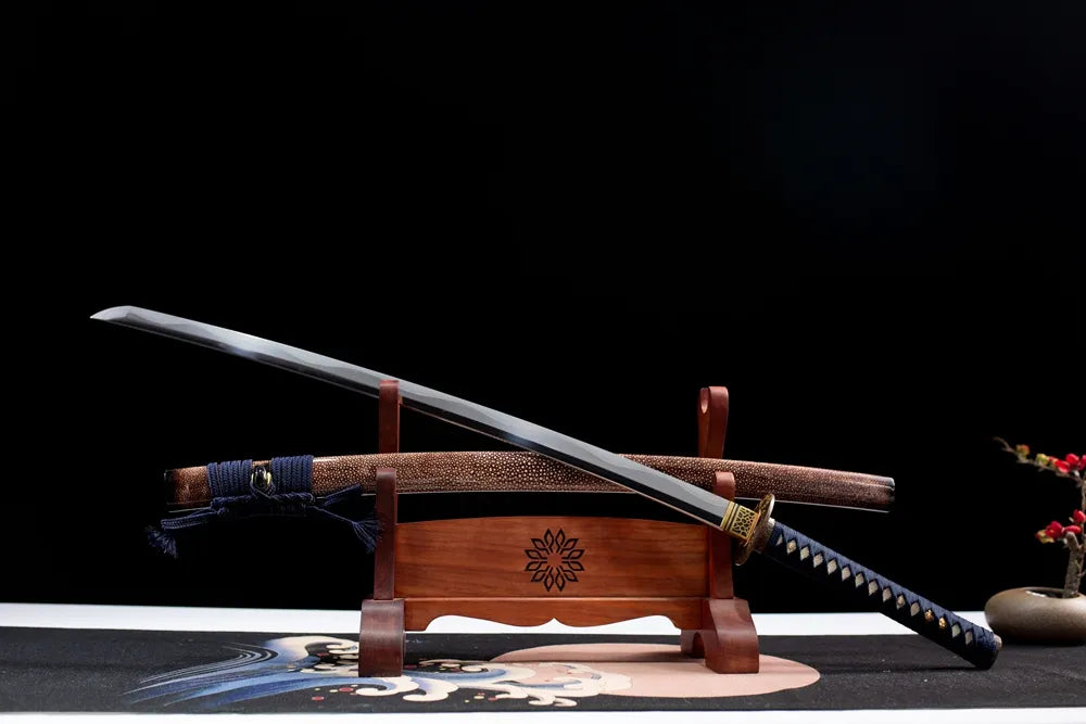 45 angle open full size dark blue tsuka lion katana display