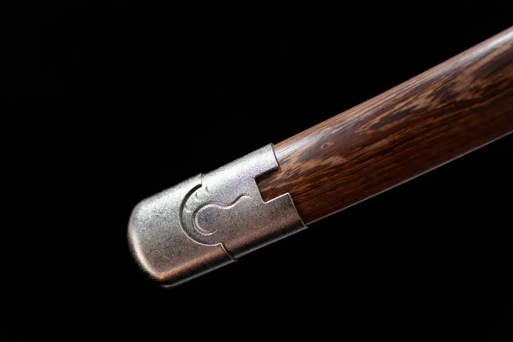 Bottom carved silver metal cap rosewood sheath close-up