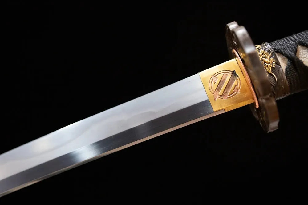 Upper T10 clay‑tempered katana blade brass habaki midare‑gunome surging‑dragon‑roiling hamon temper‑line macro close‑up