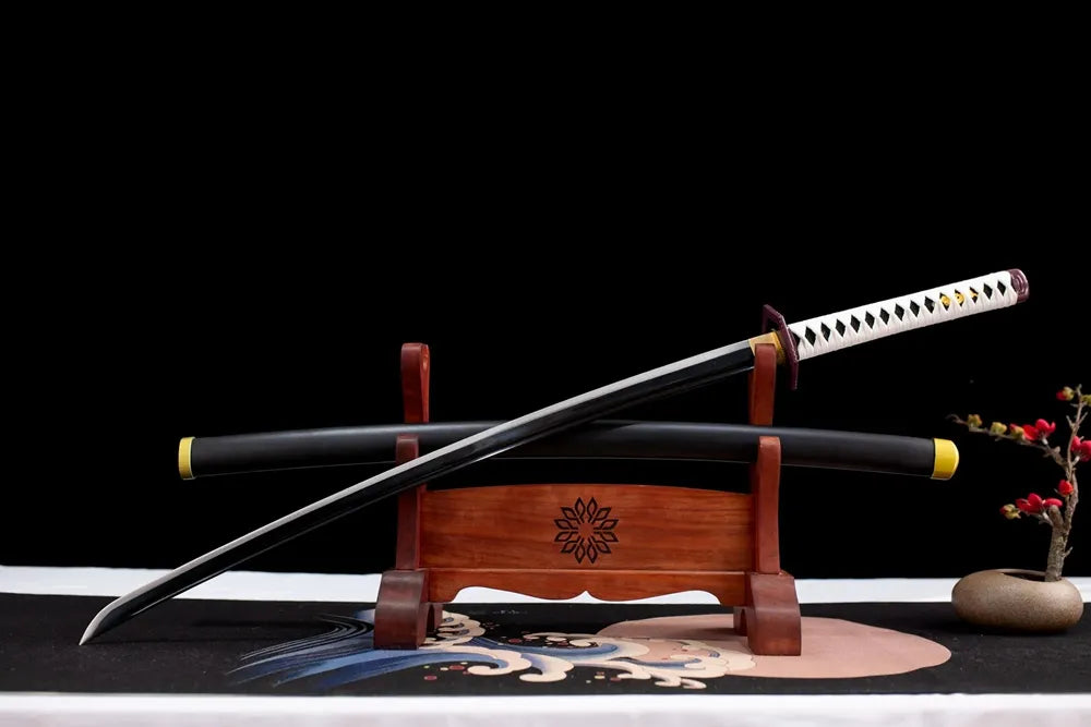 Slanted upright drawn Demon‑Slayer Tomioka Giyuu nichirin sword wooden shelf front view