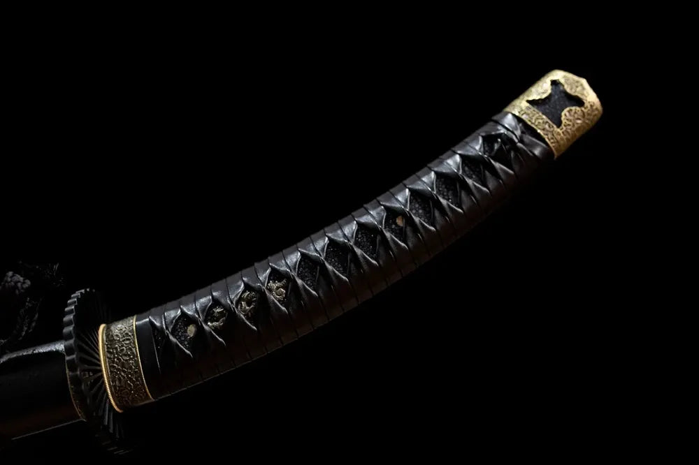 Full charcoal‑black woven ito tsuka plain matte‑dark alloy fittings complete front shot