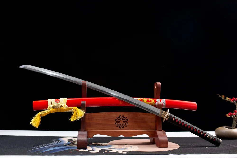 45 angle open full size red auspicious dragon katana wooden display rack