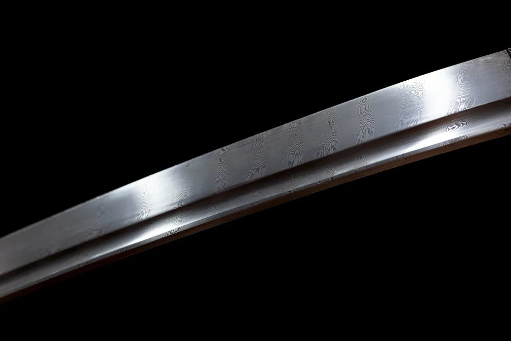 Mid‑section natural hamon texture of short wakizashi steel blade close‑up shot