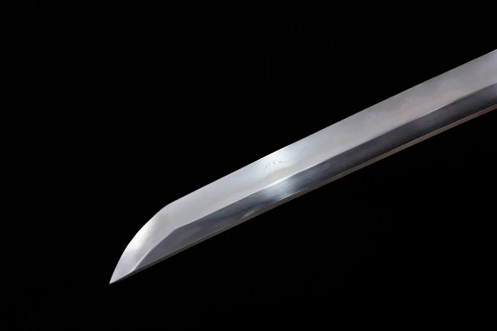 Elegant historical‑daimyo‑style tachi‑kissaki tip of Nobunaga‑Orange‑Tachi blade close‑up view