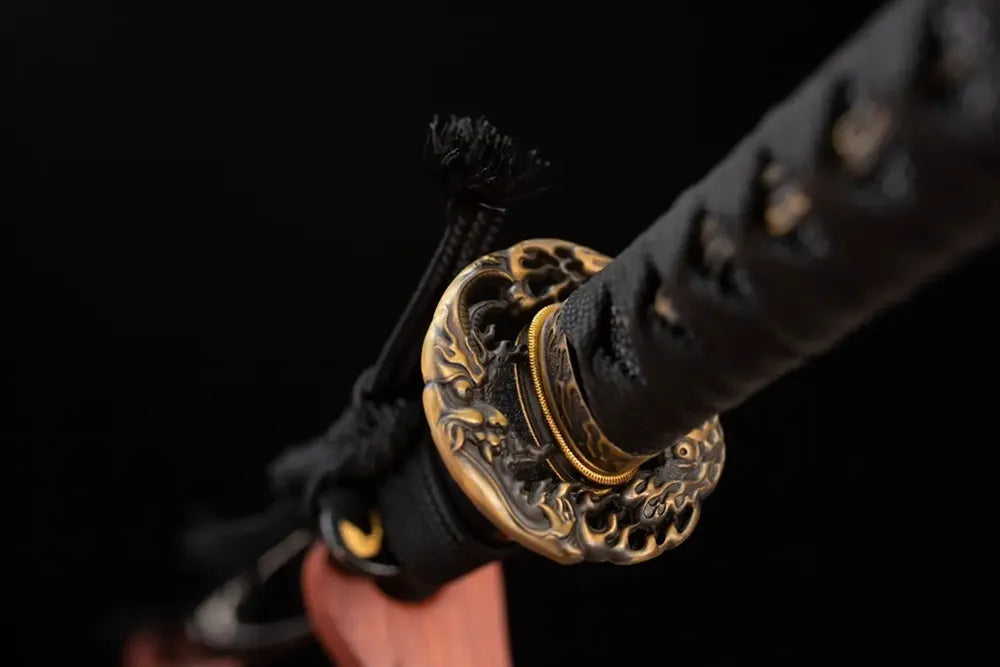 Reverse‑side hell‑demon‑abyss‑scroll carving matte‑dark‑aged‑copper tsuba surface texture close‑up