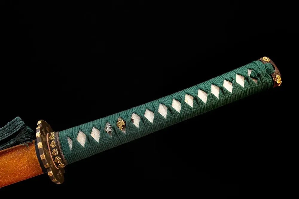 Full deep‑green woven ito tsuka gilded‑bronze maple‑leaf‑relief fittings complete front shot