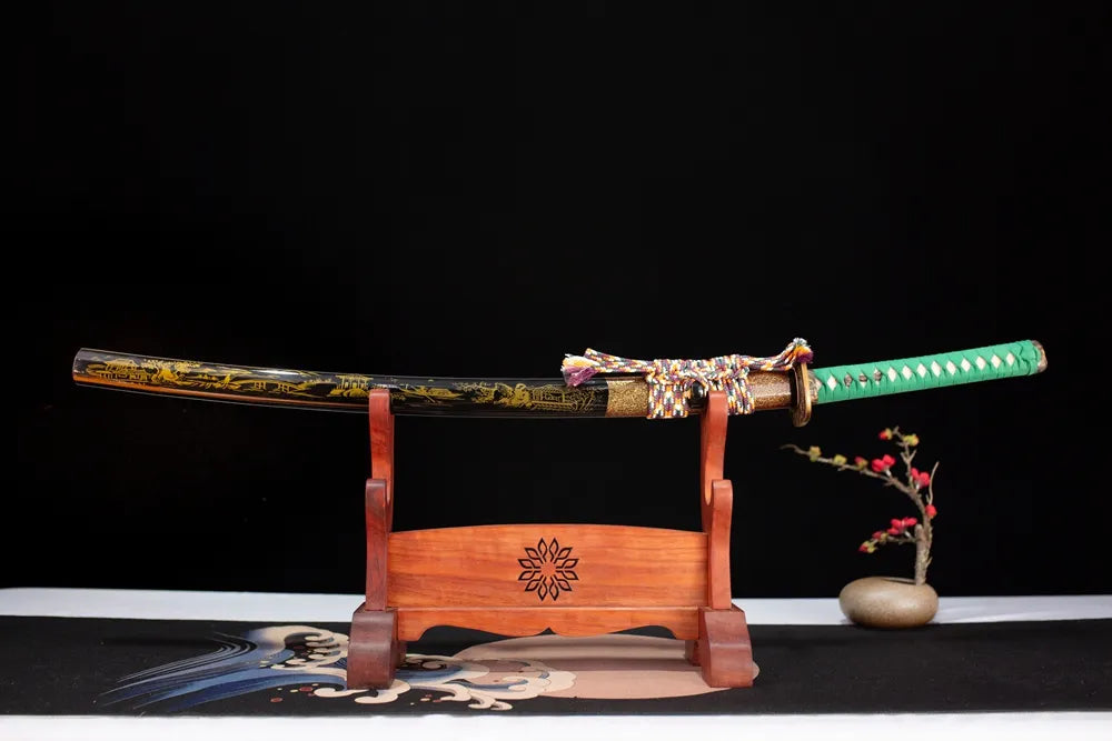 Horizontal laid closed glossy‑black gold‑painted landscape‑pavilion Spring‑Breeze‑Ten‑Miles‑Katana scabbard flat table‑top front display