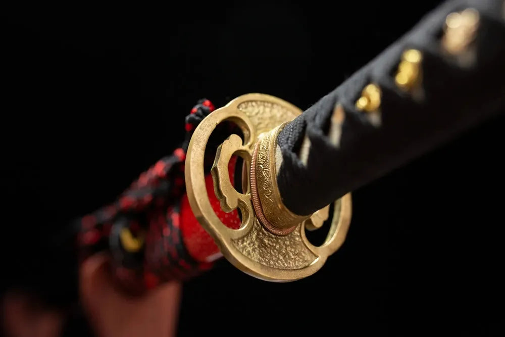 Reverse‑side half‑floral‑asymmetry carving antiqued‑silver alloy tsuba surface texture close‑up long katana