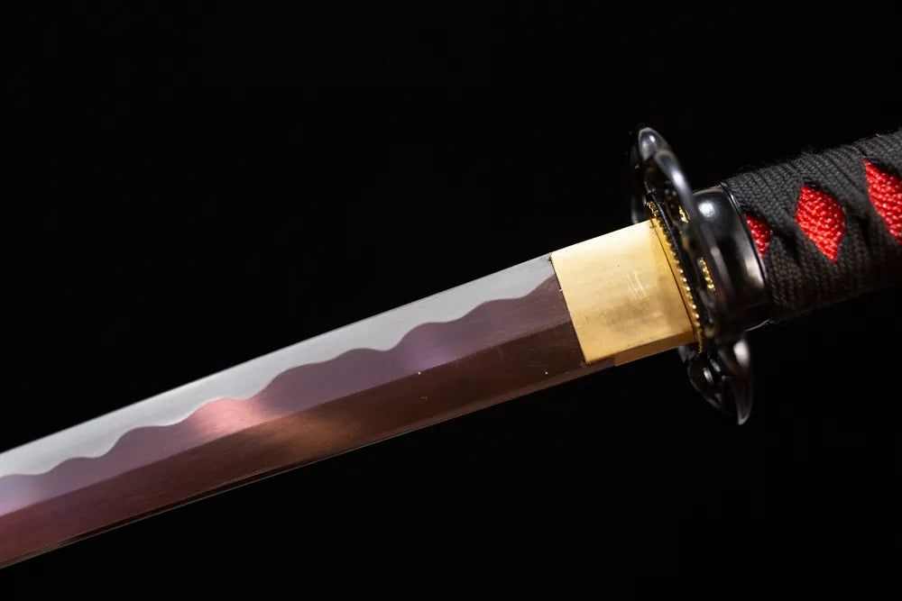 Upper T10 clay‑tempered wakizashi blade brass habaki clean suguha neat‑straight hamon temper‑line macro close‑up