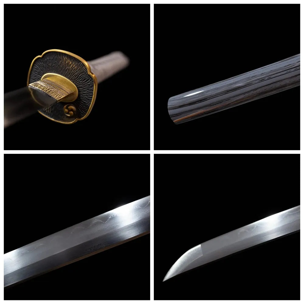 Four‑grid collage brass vortex‑kamon‑relief tsuba, ash‑grey ito tsuka, charcoal‑black natural wood‑grain saya, clean suguha plain‑straight hamon blade close‑up details