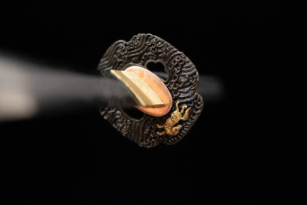 Front open‑work 3D eastern‑dragon‑relief gold‑silver‑plated copper katana hand‑guard close‑up