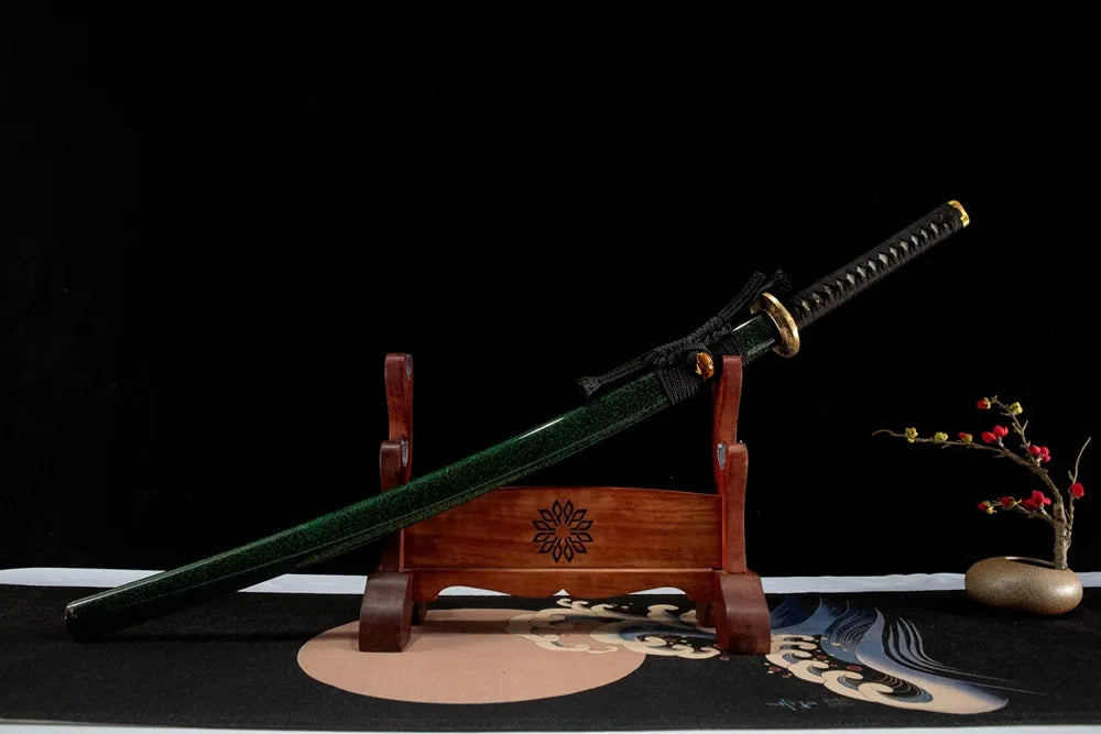 45-degree front view Wind Demon Katana sheathed solid wood paint full ox horn saya coarse cotton sageo