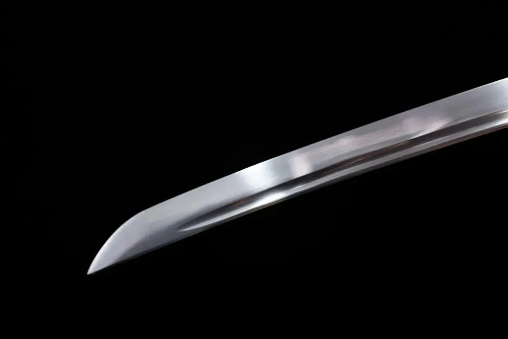 Classic functional katana‑style kissaki tip of Peony‑Katana blade close‑up view