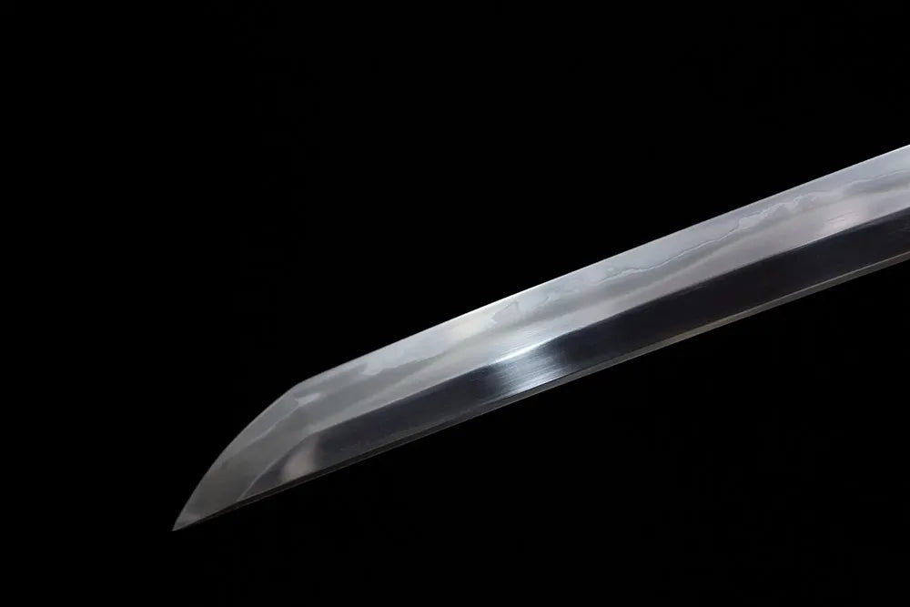 Classic functional katana‑style kissaki tip of Blue‑Moon‑Katana blade close‑up view
