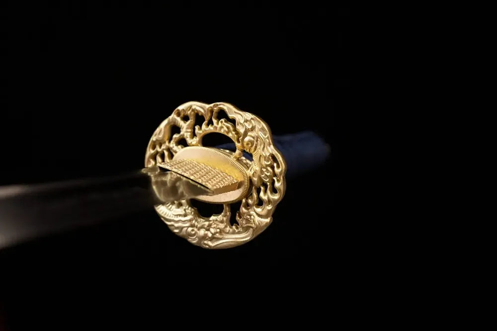 Front open‑work oni‑phantom‑demon‑relief gilded‑copper wakizashi hand‑guard close‑up‑compact tsuba