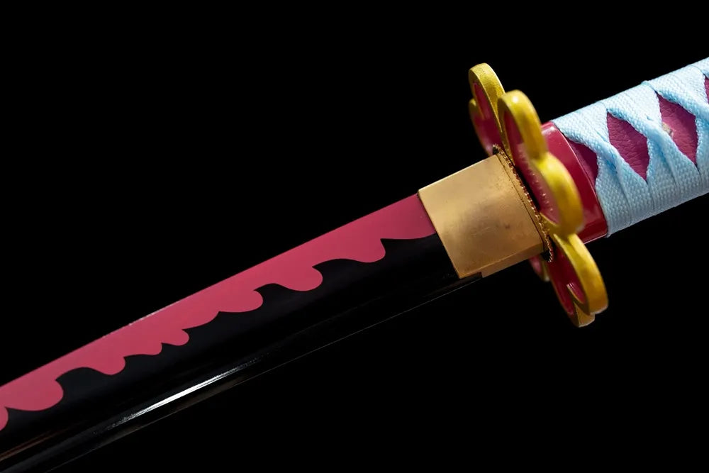 Upper pink wave‑pattern printed 1060 steel blade golden habaki macro close‑up