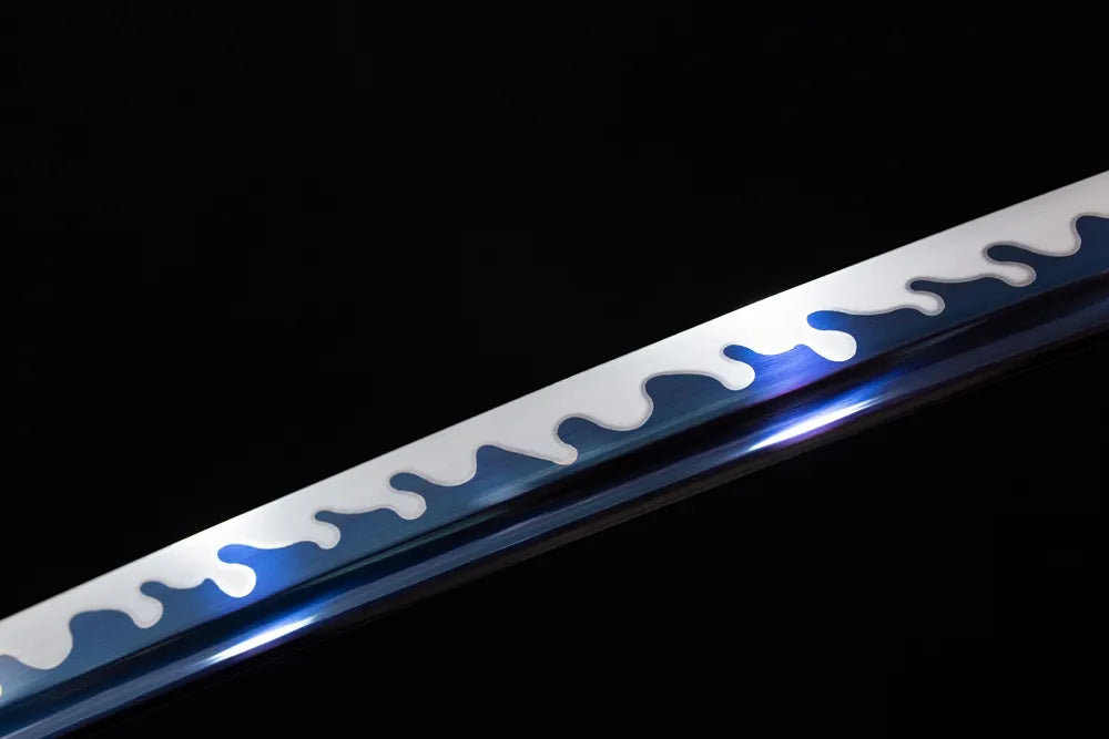 Mid‑section fiery‑wave flame‑undulating‑pattern hamon steel katana blade surface close‑up shot
