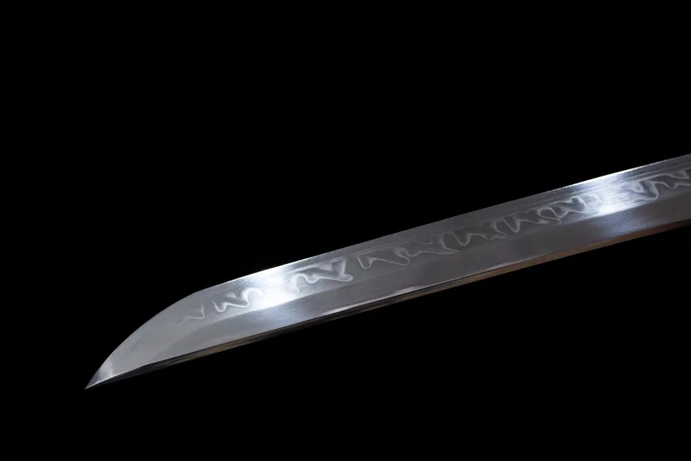 Classic functional katana‑style kissaki tip of Night‑Elf‑Katana blade close‑up view