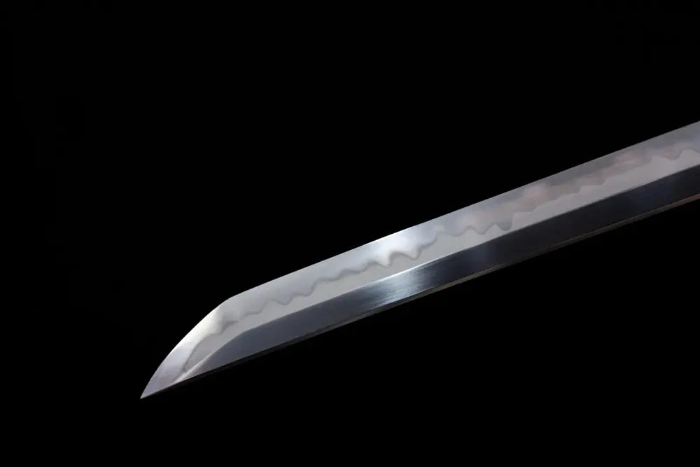 Classic functional katana‑style kissaki tip of Shining‑Katana blade close‑up view