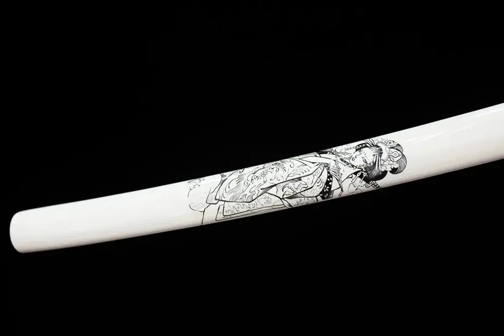 Bottom white‑lacquer saya bright‑silver‑alloy kojiri end‑cap close‑up