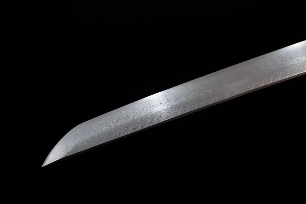 Classic functional katana‑style kissaki tip of Purple‑Qi‑Haoran‑Katana blade close‑up view