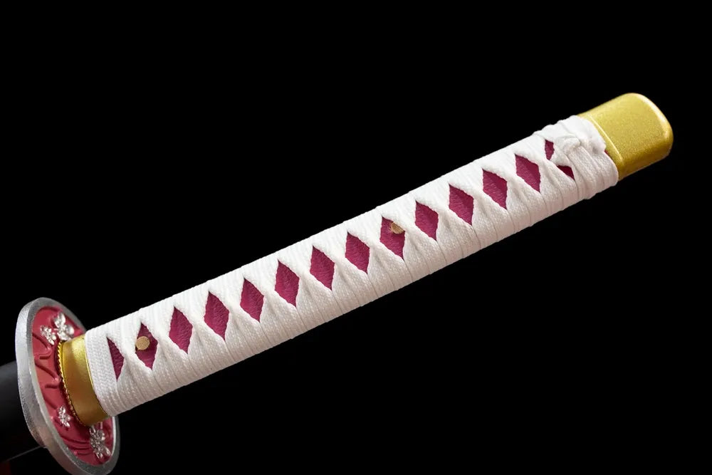 Full pink‑white woven tsuka sakura‑engraved alloy fittings complete front shot