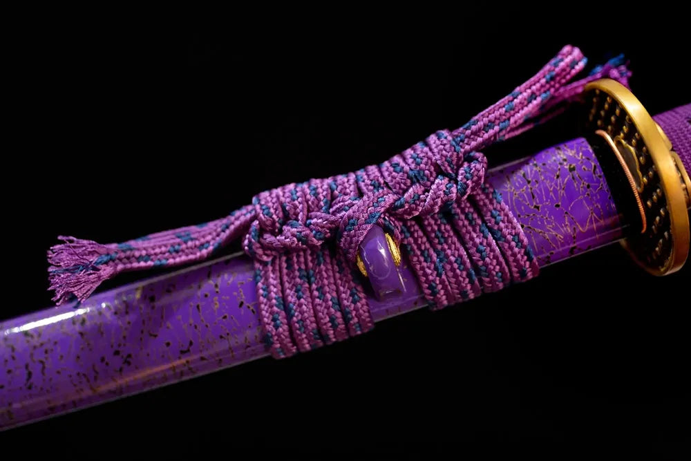Thick royal‑purple mixed‑braided sageo cord vintage‑brass fitting macro close‑up