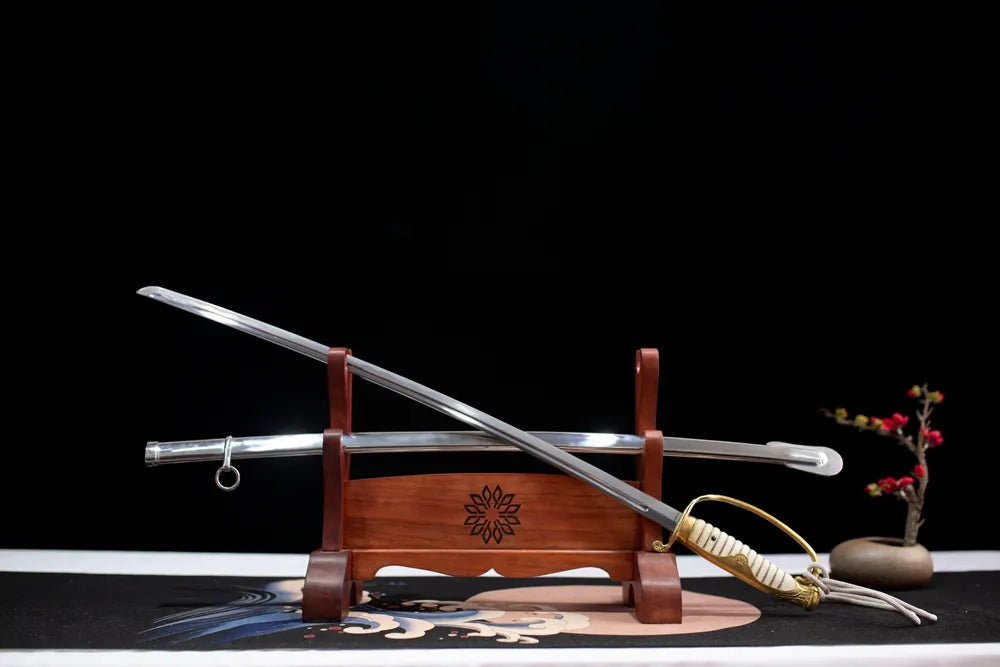 45‑angle open full‑size Absolute‑Obedience vintage cavalry saber two‑layer wooden stand front view