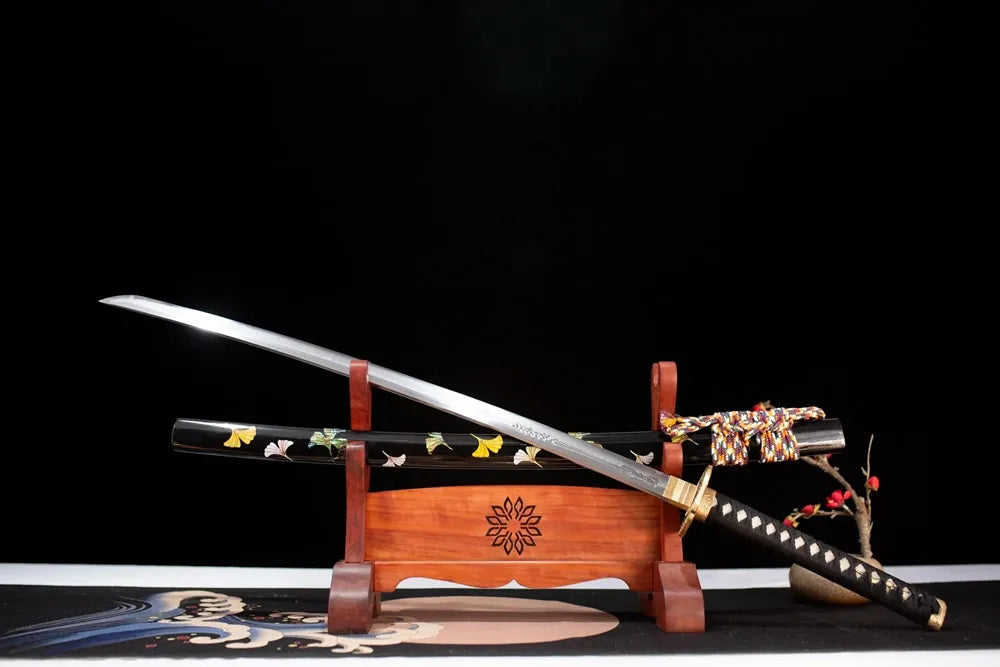 45‑angle open full‑size Meteor‑Shower‑Katana cosmic‑celestial meteor‑shower‑meteor‑fall samurai katana two‑layer wooden stand front view