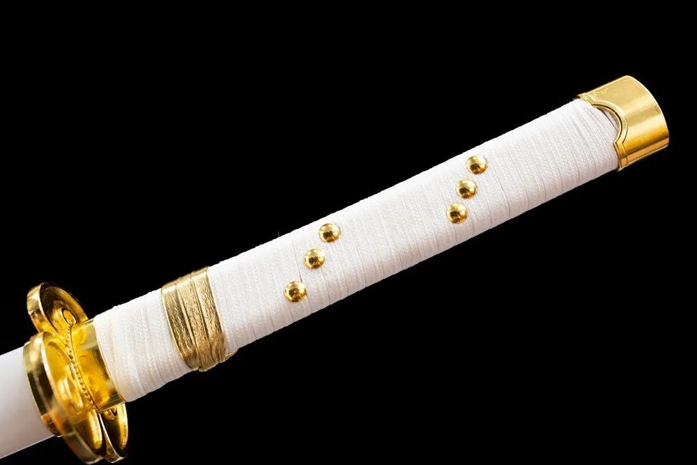 Full white woven tsuka trefoil‑flower gold‑plated fittings complete front shot