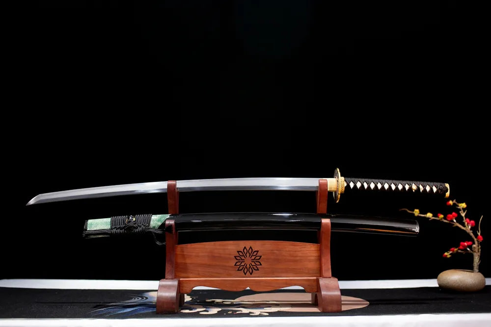 Flat fully‑drawn sanmai‑forged T10 clay‑tempered suguha‑hamon May‑Katana blade wooden rack front shot