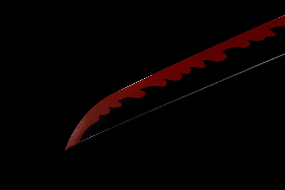 Sharp flame‑style kissaki Yoriichi Tsugikuni blade tip close view