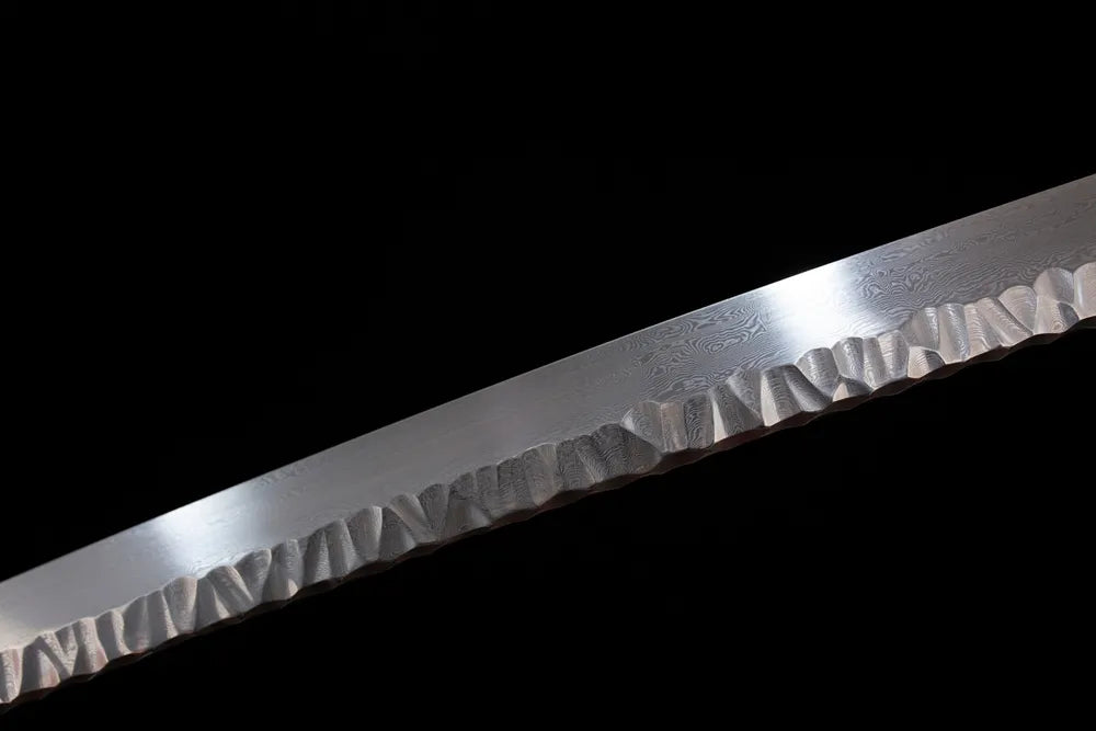 Mid‑section midare‑gunome meteor‑tail‑flame‑ripping‑pattern hamon steel katana blade surface close‑up shot