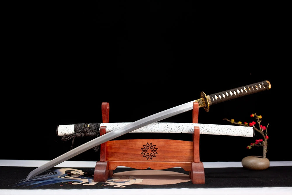 Slanted upright drawn Dragon‑Shadow‑Katana oriental‑shadow‑dragon‑myth katana wooden shelf front perspective