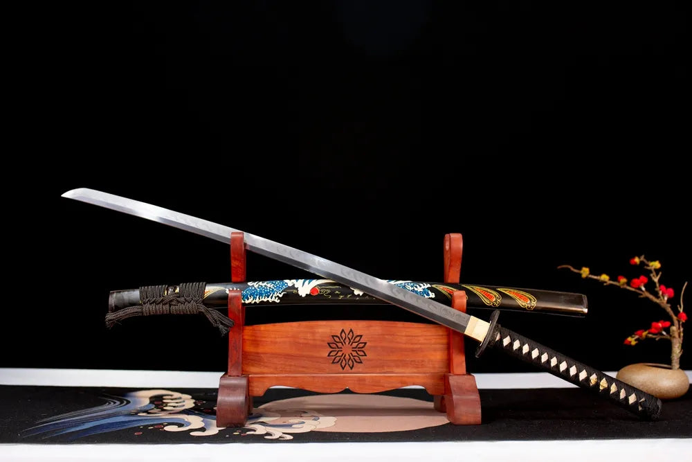 45‑angle open full‑size The‑Great‑Wave‑Katana japanese ukiyo‑e kanagawa great‑wave artistic‑motif samurai katana two‑layer wooden stand front view