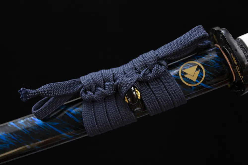 Thick navy‑blue heavy‑braided sageo cord black‑gold aged‑alloy fitting macro close‑up long katana