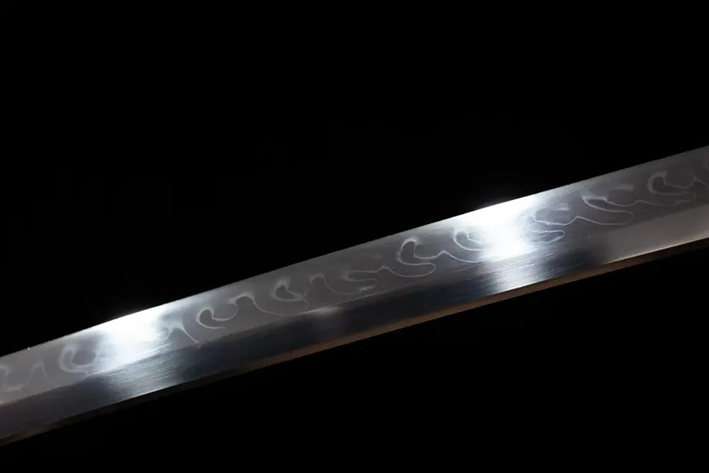 Mid‑section midare‑varied snake‑scale‑pattern undulating hamon steel katana blade surface close‑up shot