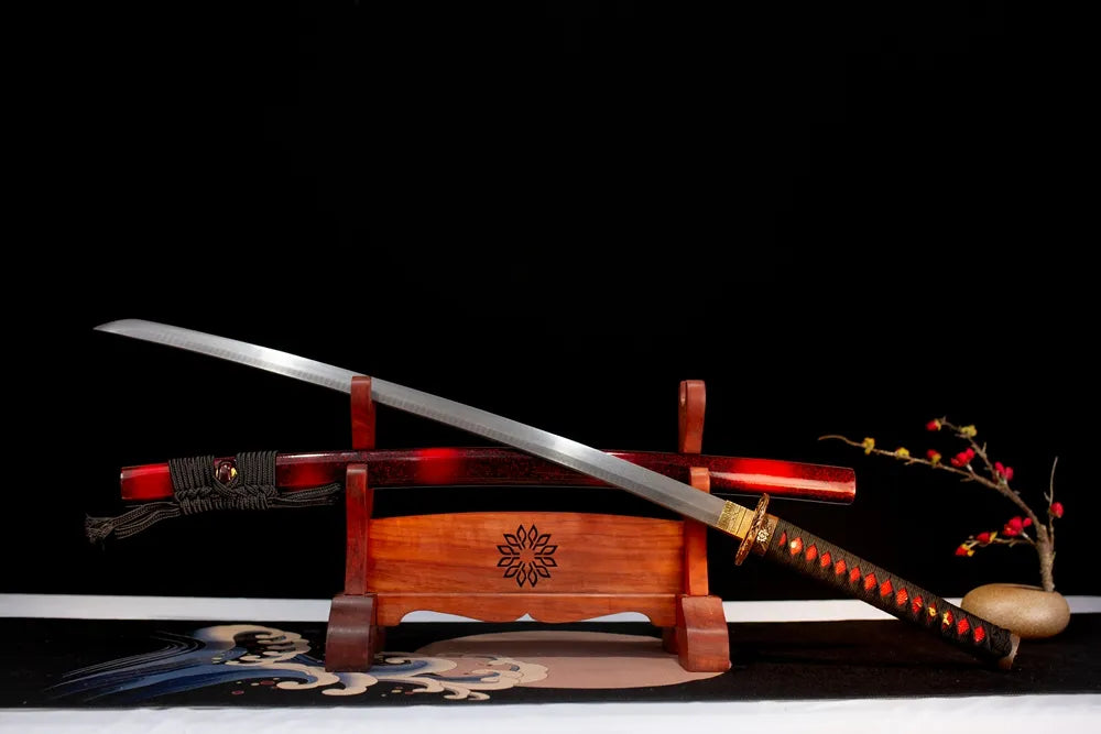 45‑angle open full‑size Supreme‑Katana supreme luxury collector‑grade‑motif samurai katana two‑layer wooden stand front view