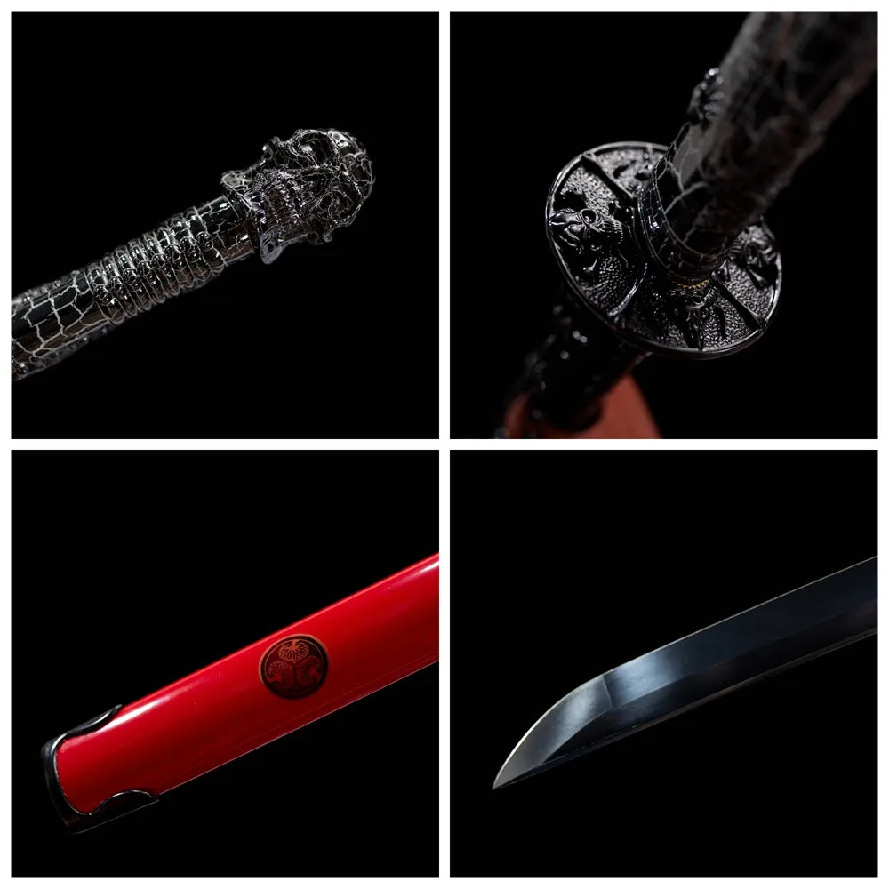 Four‑grid collage skull‑relief alloy tsuba, cracked‑texture tsuka, bright‑red family‑mon saya, blued steel blade close‑up details