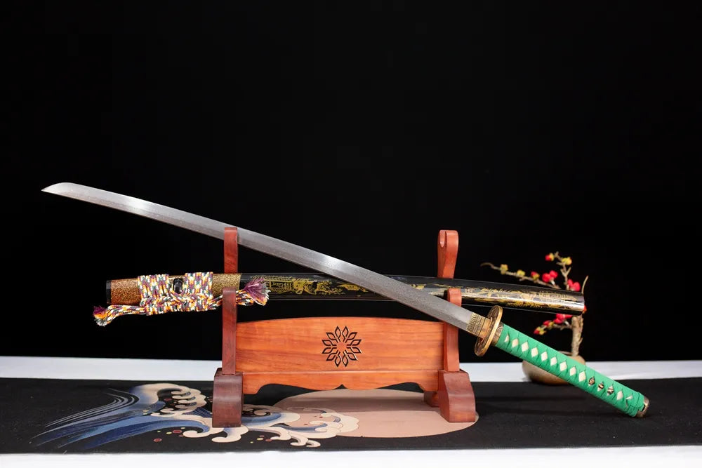 45‑angle open full‑size Spring‑Breeze‑Ten‑Miles‑Katana oriental‑garden‑landscape poetic‑motif samurai katana two‑layer wooden stand front view