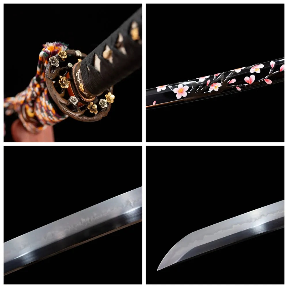 Four‑grid collage two‑tone aged‑copper cherry‑branch‑blossom‑relief tsuba, black cotton ito tsuka, high‑gloss‑black hand‑painted pink‑white sakura saya, splash‑pattern cherry‑petal‑scatter undulating hamon blade close‑up details
