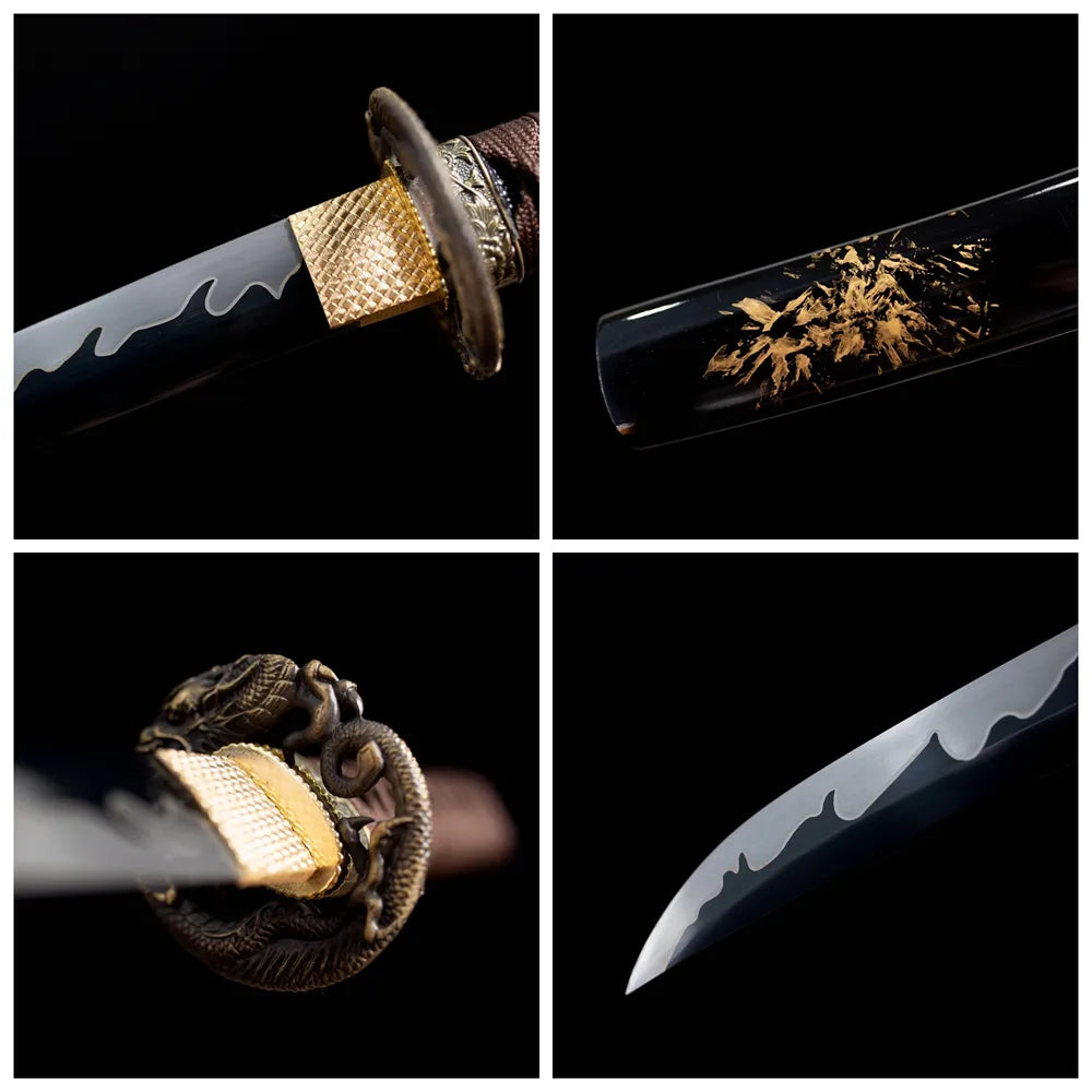 Four‑grid collage open‑work dragon‑relief antique‑brass tsuba, dark‑brown ito tsuka, black gold‑leaf‑flake saya, wave‑hamon blade close‑up details
