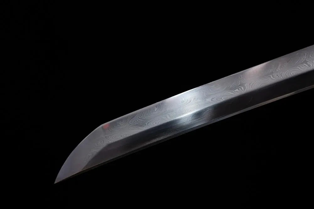 Classic functional katana‑style kissaki tip of Gold‑Band‑Katana blade close‑up view