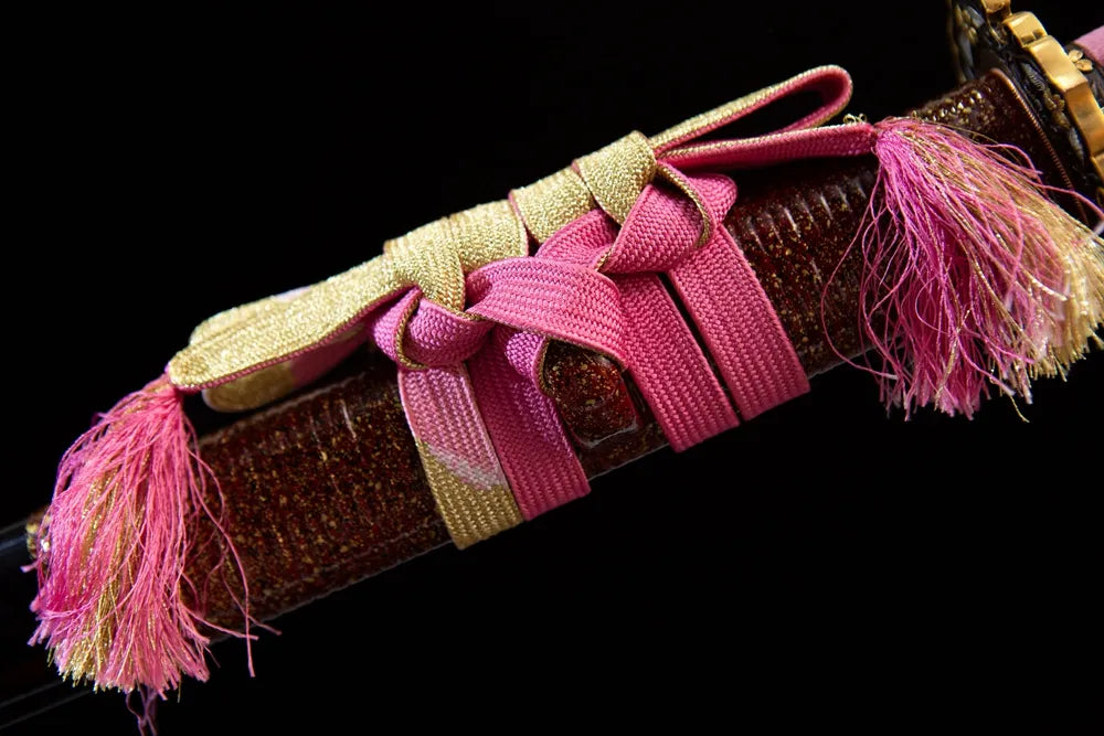 Pink gold mixed tassel sage cord close-up