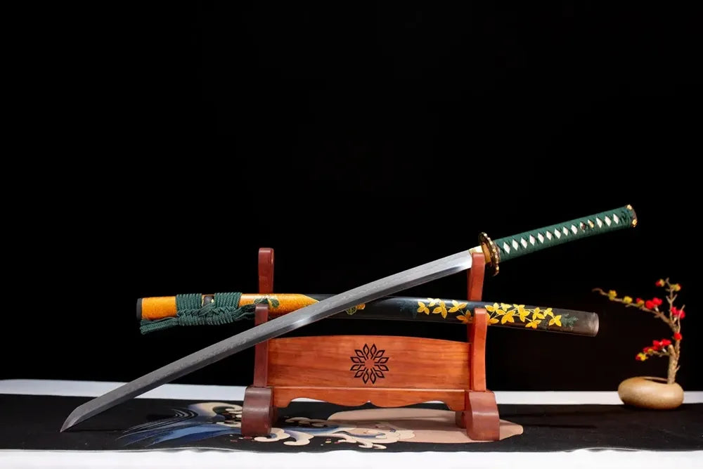 Slanted upright drawn Late‑Autumn‑Katana autumnal‑scenery‑art katana wooden shelf front perspective
