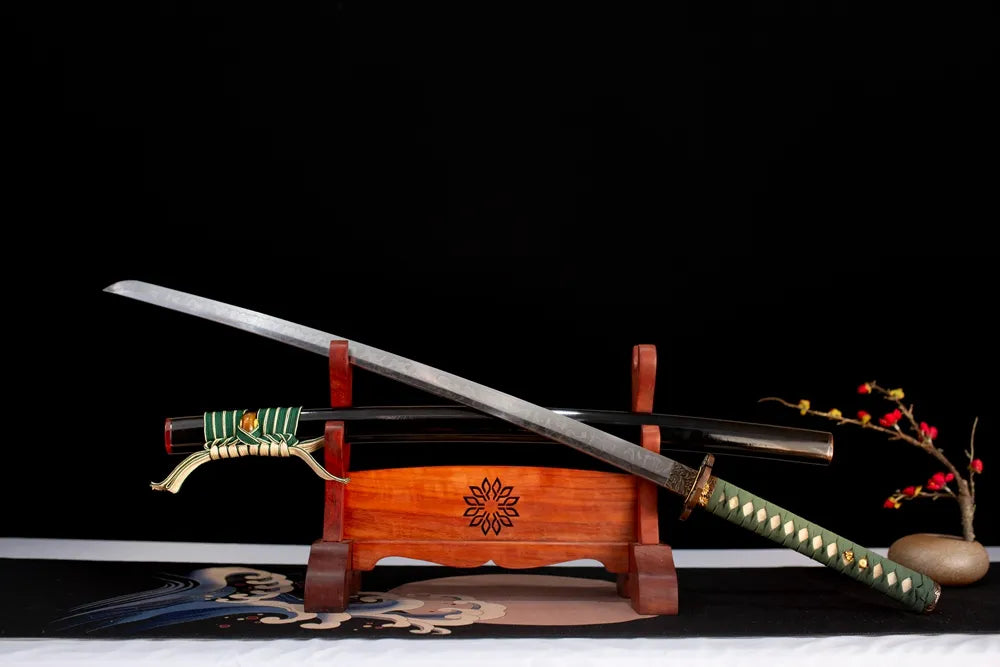 45‑angle open full‑size Aeolian‑Bells‑Katana aeolian‑wind‑bell ethereal‑aesthetic‑motif samurai katana two‑layer wooden stand front view
